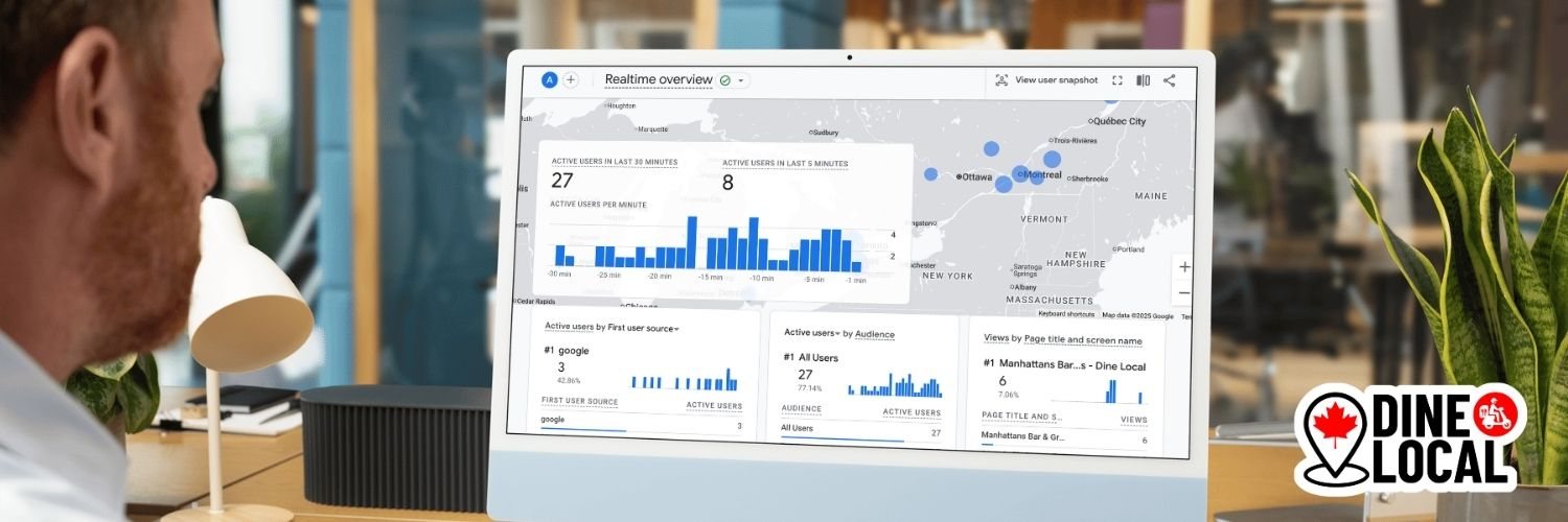 A restaurant owner reviews his Google Analytics users for his website and order page that is powered by the Dine Local platform.