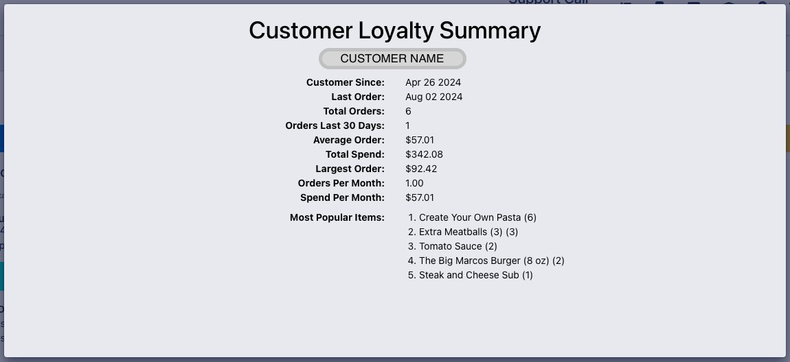 Screen shot of the Customer Loyalty Summary that you get with every order on the Dine Local direct ordering and delivery platform.