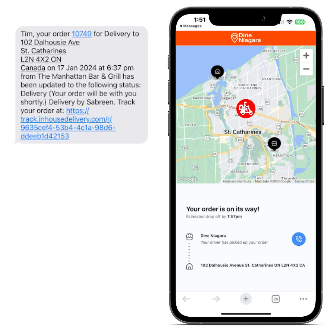 Image of the GPS tracking offered by Dine Local in the restaurant's own online ordering platform showing the simplicity and convenience of delivery. There is also a screenshot of the notification customers receive via SMS to update them on their order status.