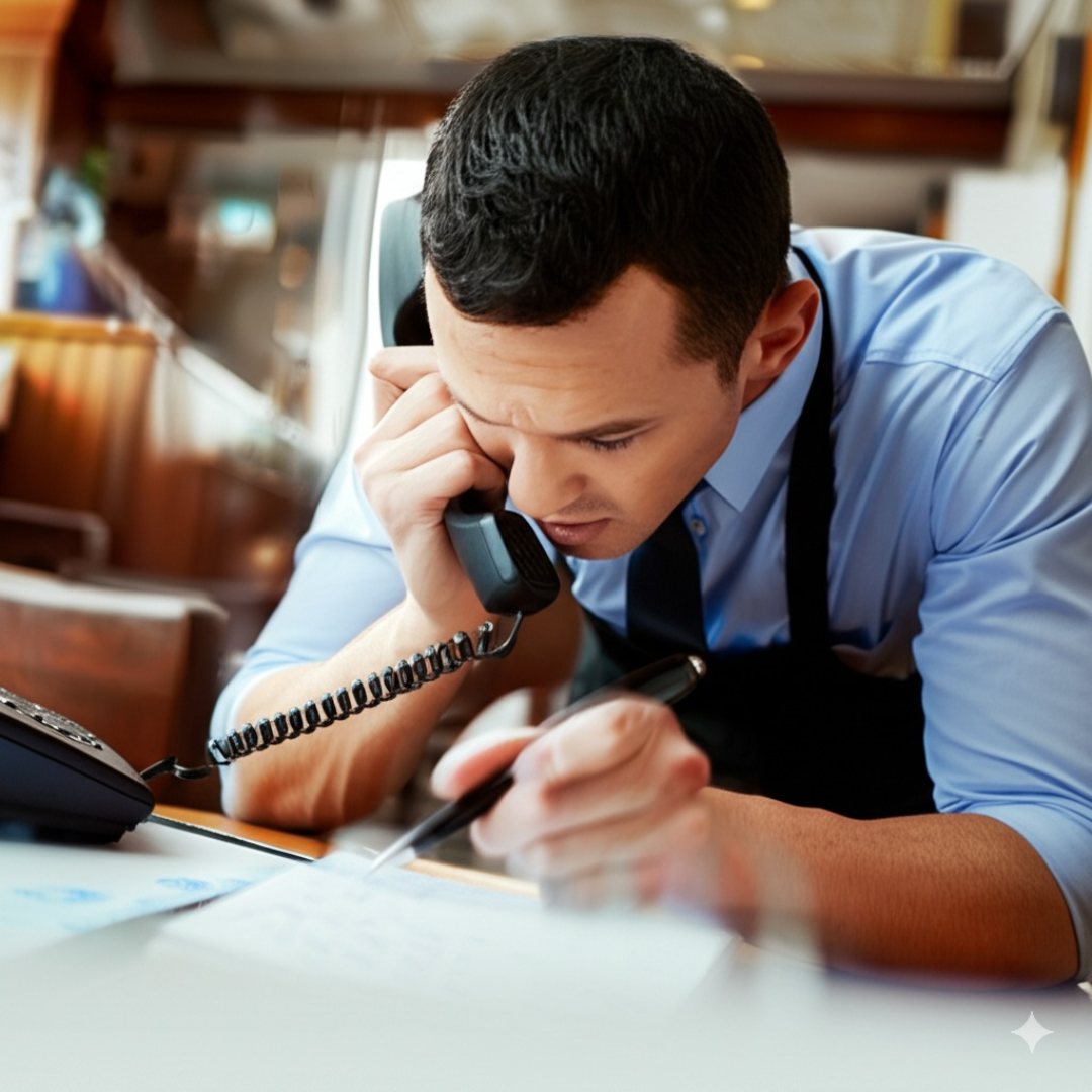 A stressed out restaurant working tries to take an order over the phone in a busy loud restaurant.