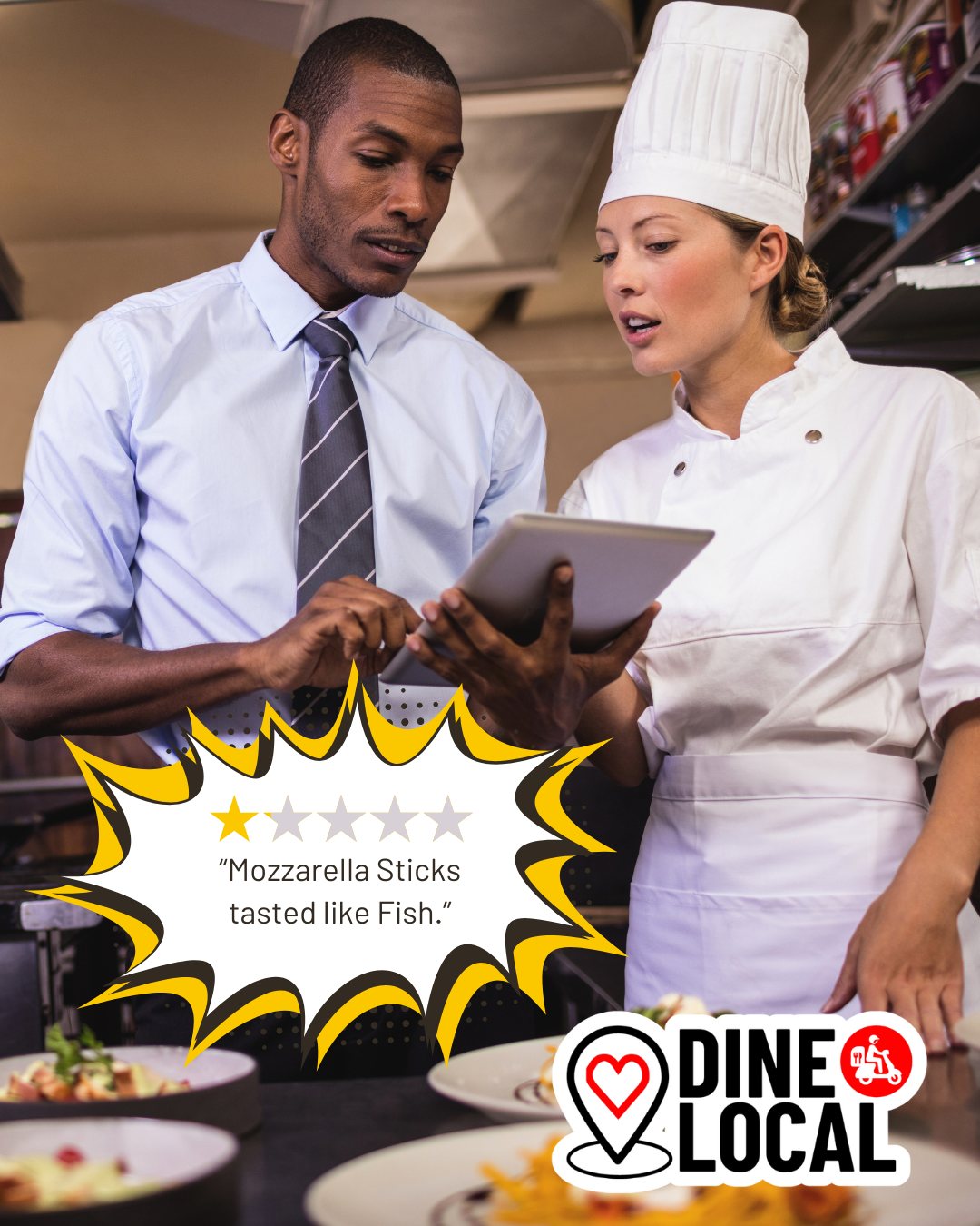 A restaurant owner reviews feedback received on a tablet with his chef. The feedback shows 1 star and a message that the Mozzarella Sticks tasted like fish. Through the power of immediate feedback, the restaurant owner can quickly address operational issues in the moment.