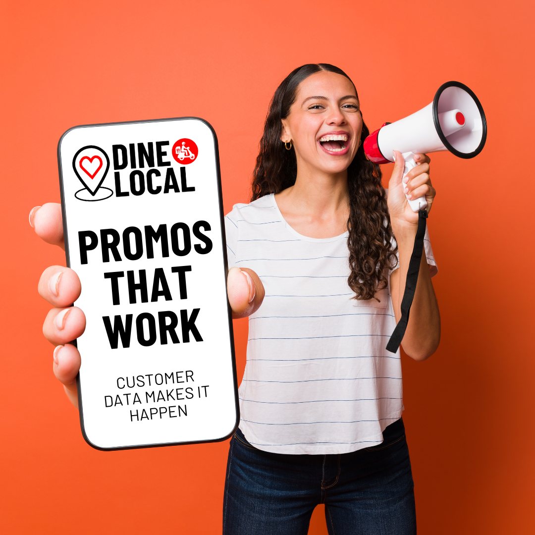Image of a woman holding a megaphone and a smart phone with the Dine Local logo that says Promos that Work, Customer Data Makes It Happen.