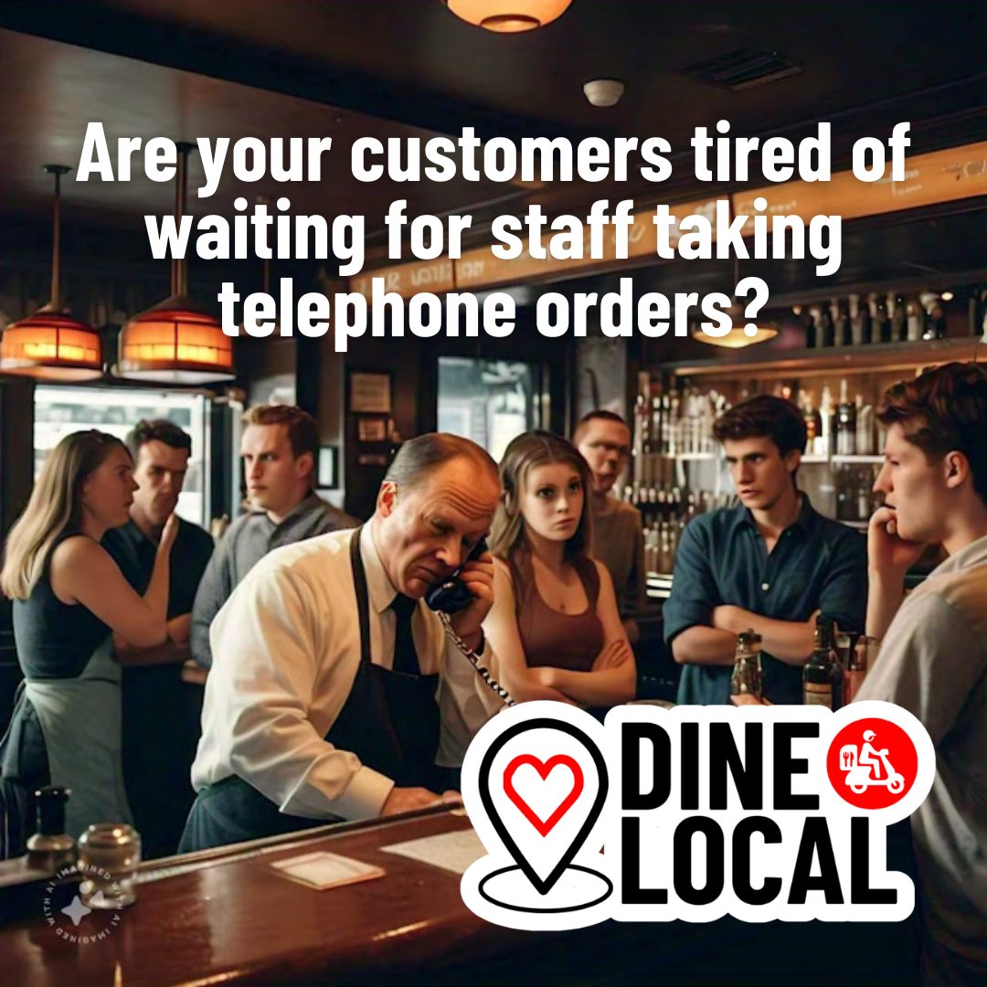 Photo of a bartender taking a telephone order while customers wait. Highlighted with the text, "Are your customers tired of waiting for staff taking telephone orders?"
