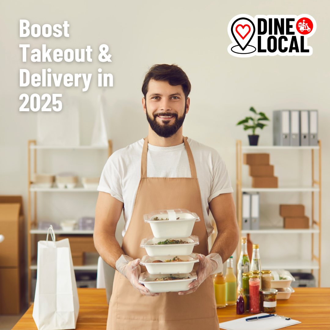 image of an independent restaurant owner holding a stack of takeout containers with the words boost takeout and delivery in 2025 overlayed