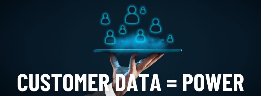 Image of customers floating over a platter with the words CUSTOMER DATA = POWER