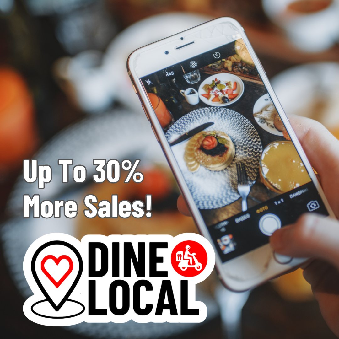Title image that indicates that food photos can generate up to 30% higher sales. Shows a picture of someone taking a photo of food with their cell phone.