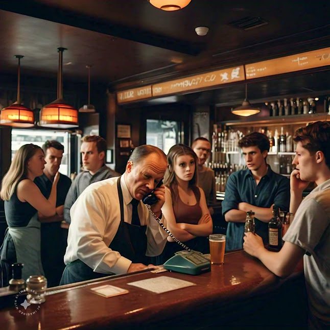 Image of a bartender on the phone taking a takeout order while frustrated and angry dine-in restaurant customers stare on waiting for service.